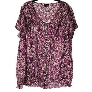 Vintage East 5th Black Purple Floral Ruffle Scoop Neck Tunic Shirt Plus Size 2X